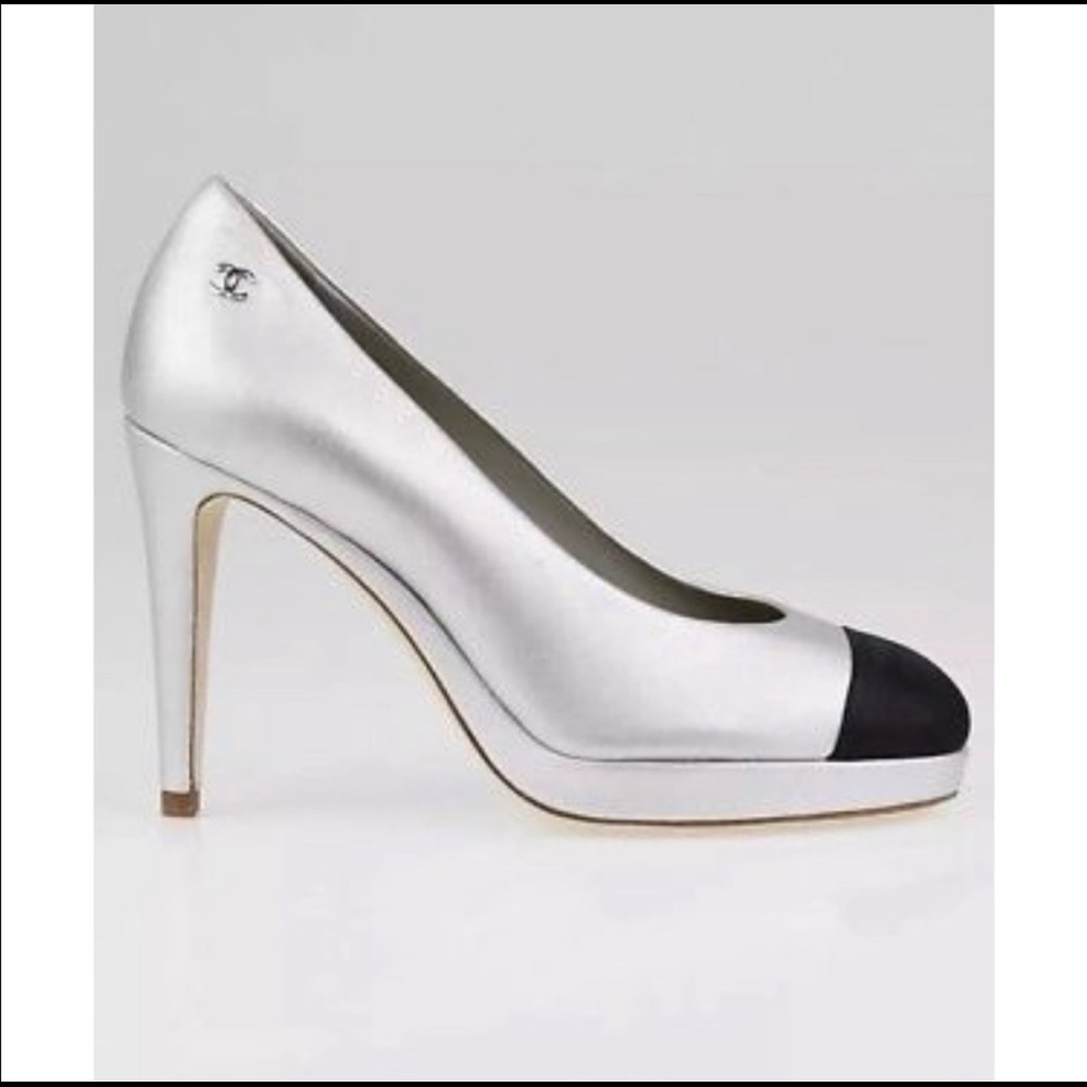 Chanel silver heels with back toe cap